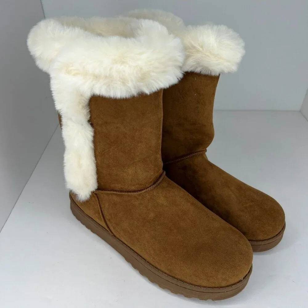 SO Womens Kohls Abigail Chestnut Brown Solid Faux Suede Fur Size 10 Winter Boots